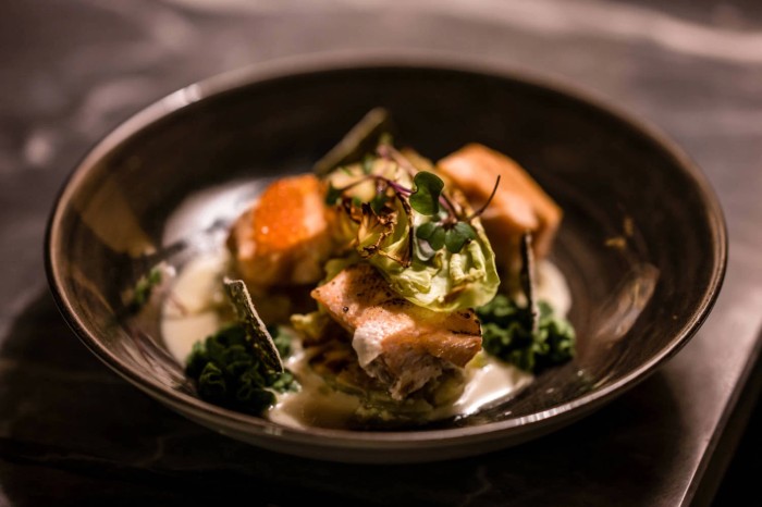 Salmon with fennel and artichoke and broad bean puree